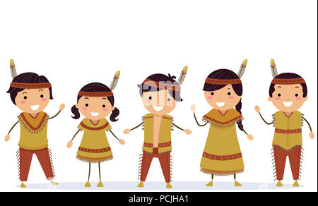 Illustration de la Native American Stickman Kids Waving Banque D'Images