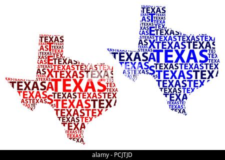Sketch Texas (États-Unis d'Amérique) texte de la lettre, carte carte Texas - sous la forme du continent, la carte Texas - rouge et bleu vector illustration Illustration de Vecteur