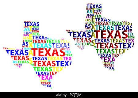 Sketch Texas (États-Unis d'Amérique) texte de la lettre, carte carte Texas - sous la forme du continent, la carte Texas - vector illustration couleur Illustration de Vecteur