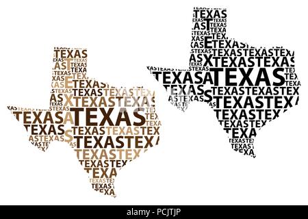 Sketch Texas (États-Unis d'Amérique) texte de la lettre, carte carte Texas - sous la forme du continent, la carte Texas - marron et noir vector illustration Illustration de Vecteur