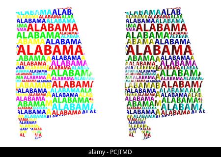 Sketch Alabama (États-Unis d'Amérique), l'Alabama texte lettre Site map - sous la forme du continent, la carte Alabama - vector illustration couleur Illustration de Vecteur