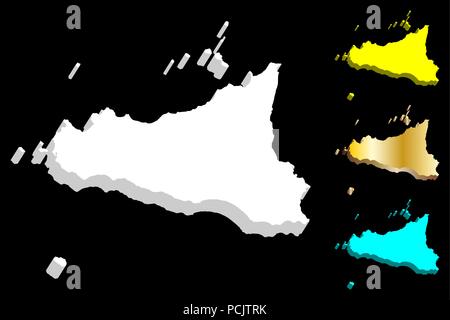 Carte 3D de la Sicile (île de France) - blanc, jaune, bleu et or - vector illustration Illustration de Vecteur