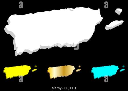 3D de la carte de Porto Rico (Commonwealth de Porto Rico, Porto Rico) - blanc, jaune, bleu et or - vector illustration Illustration de Vecteur