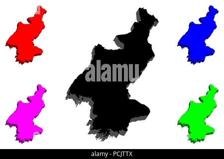 Carte 3D de la Corée du Nord (République populaire démocratique de Corée, RPDC, PRK, la RPD de Corée, RPD de Corée) - noir, rouge, violet, bleu et vert - vector illustra Illustration de Vecteur