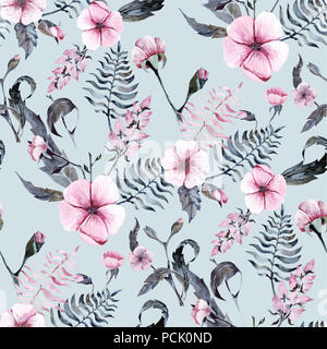 Aquarelle fleurs rose motif transparente texture fond rose fleurs botanique Banque D'Images