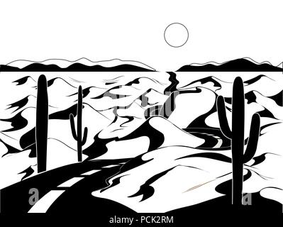 Vector paysage désertique avec dunes de sable, cactus, route, et soleil. Illustration noir et blanc Illustration de Vecteur