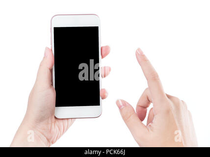 Concept de woman's hand holding un smartphone et en pointant avec figer isolé sur fond blanc, chemin, blanc pour la page web ou un message. Banque D'Images