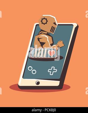 Jeux vidéo retro design avec un appareil portable avec robot sur fond orange, design coloré. vector illustration Illustration de Vecteur