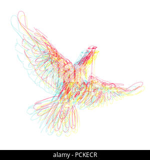 Dessin d'un oiseau en trois couleurs : rouge, jaune, bleu. Symbole de l'Esprit Saint. Pigeon dessiné à la main, isolé sur fond blanc Banque D'Images