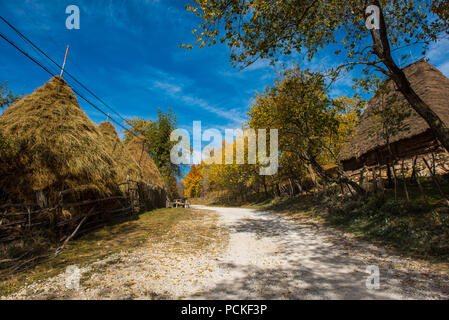 Route de terre par l'intermédiaire de village de montagne. Autumn Forest et maison en bois Banque D'Images