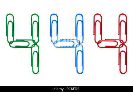 Multi-couleur des chiffres de trombones isolé sur fond blanc. Numéro quatre. Banque D'Images