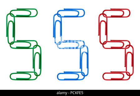 Multi-couleur des chiffres de trombones isolé sur fond blanc. Numéro cinq. Banque D'Images