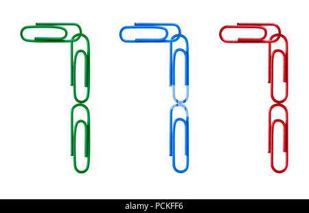 Multi-couleur des chiffres de trombones isolé sur fond blanc. Numéro sept. Banque D'Images