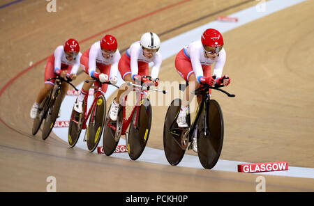 La poursuite de l'équipe des femmes de Russie menée par Evgenia Augustinas en se qualifiant pendant le premier jour des Championnats d'Europe 2018 au vélodrome Sir Chris Hoy, Glasgow.APPUYEZ SUR ASSOCIATION photo.Date de la photo: Jeudi 2 août 2018.Voir PA Story sport européen.Le crédit photo devrait se lire comme suit : John Walton/PA Wire.RESTRICTIONS: Usage éditorial seulement, aucune utilisation commerciale sans autorisation préalable pendant le premier jour des Championnats d'Europe 2018 au Vélodrome Sir Chris Hoy, Glasgow.APPUYEZ SUR ASSOCIATION photo.Date de la photo: Jeudi 2 août 2018.Voir PA Story sport européen.Le crédit photo devrait se lire: John Walton/PA Wi Banque D'Images