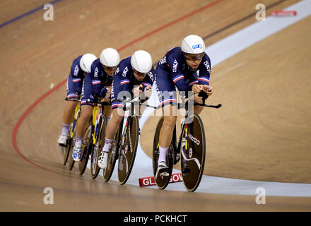 Les femmes France Poursuite par équipe dirigée par Laurie Berthon en qualifications au cours de la première journée du championnat d'Europe 2018 au vélodrome Sir Chris Hoy, Glasgow. ASSOCIATION DE PRESSE Photo. Photo date : Jeudi 2 août 2018. Voir l'activité de l'histoire du sport. Crédit photo doit se lire : John Walton/PA Wire. RESTRICTIONS : usage éditorial uniquement, pas d'utilisation commerciale sans l'permissionduring le premier jour du championnat d'Europe 2018 au vélodrome Sir Chris Hoy, Glasgow. ASSOCIATION DE PRESSE Photo. Photo date : Jeudi 2 août 2018. Voir l'activité de l'histoire du sport. Crédit photo doit se lire : John Walton/PA Wire. Banque D'Images