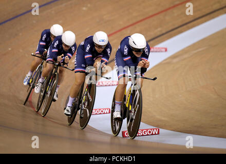 Les femmes France Poursuite par équipe dirigée par Victoire Berteau en qualifications au cours de la première journée du championnat d'Europe 2018 au vélodrome Sir Chris Hoy, Glasgow. ASSOCIATION DE PRESSE Photo. Photo date : Jeudi 2 août 2018. Voir l'activité de l'histoire du sport. Crédit photo doit se lire : John Walton/PA Wire. RESTRICTIONS : usage éditorial uniquement, pas d'utilisation commerciale sans l'permissionduring le premier jour du championnat d'Europe 2018 au vélodrome Sir Chris Hoy, Glasgow. ASSOCIATION DE PRESSE Photo. Photo date : Jeudi 2 août 2018. Voir l'activité de l'histoire du sport. Crédit photo doit se lire : John Walton/PA Wire Banque D'Images