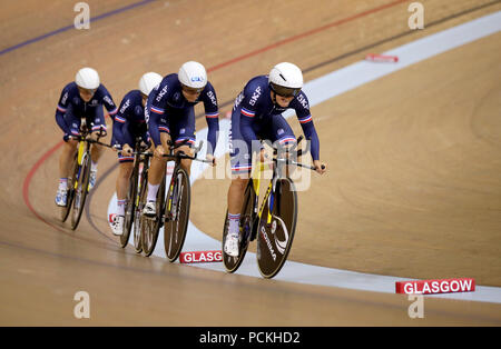 Les femmes France Poursuite par équipe dirigée par Victoire Berteau en qualifications au cours de la première journée du championnat d'Europe 2018 au vélodrome Sir Chris Hoy, Glasgow. ASSOCIATION DE PRESSE Photo. Photo date : Jeudi 2 août 2018. Voir l'activité de l'histoire du sport. Crédit photo doit se lire : John Walton/PA Wire. RESTRICTIONS : usage éditorial uniquement, pas d'utilisation commerciale sans l'permissionduring le premier jour du championnat d'Europe 2018 au vélodrome Sir Chris Hoy, Glasgow. ASSOCIATION DE PRESSE Photo. Photo date : Jeudi 2 août 2018. Voir l'activité de l'histoire du sport. Crédit photo doit se lire : John Walton/PA Wire Banque D'Images