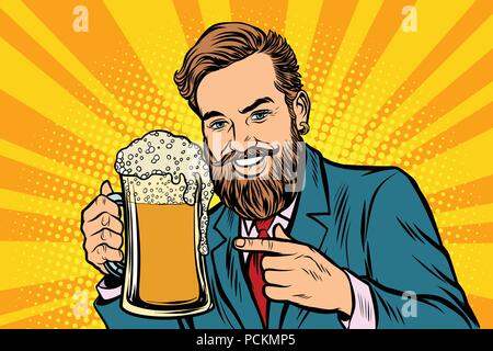 L'homme souriant avec une chope de bière foam Illustration de Vecteur