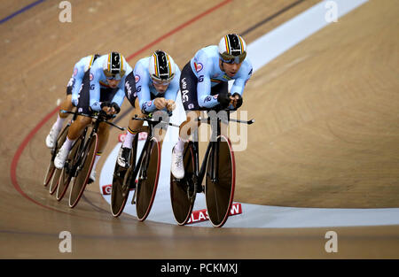 Belgique Hommes Poursuite par équipe dirigée par Kenny de Ketele en qualifications au cours de la première journée du championnat d'Europe 2018 au vélodrome Sir Chris Hoy, Glasgow. ASSOCIATION DE PRESSE Photo. Photo date : Jeudi 2 août 2018. Voir l'activité de l'histoire du sport. Crédit photo doit se lire : John Walton/PA Wire. RESTRICTIONS : usage éditorial uniquement, pas d'utilisation commerciale sans l'permissionduring le premier jour du championnat d'Europe 2018 au vélodrome Sir Chris Hoy, Glasgow. ASSOCIATION DE PRESSE Photo. Photo date : Jeudi 2 août 2018. Voir l'activité de l'histoire du sport. Crédit photo doit se lire : John Walton/PA Wire. Banque D'Images