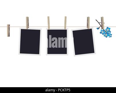 Cadres photo vierge set accroché sur des clothespins. La composition des cadres photo vierge et forget-me-not. Design plat moderne bannière. Vector EPS 10 Illustration de Vecteur