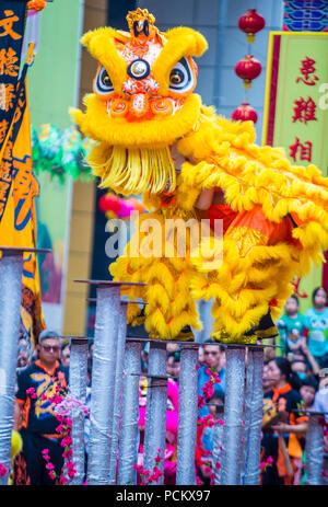 Spectacle de danse du Lion lors du 14ème salon du temple Tai Kok Tsui à Hong Kong Banque D'Images