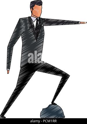 Businessman with feet on rock pinting avec scribble Illustration de Vecteur