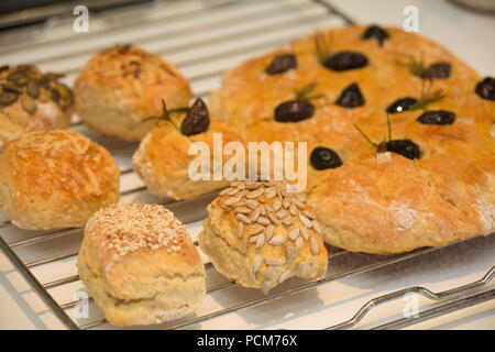 Scones salés pain focaccia et de soude à partir de la même pâte sur une grille de refroidissement Banque D'Images