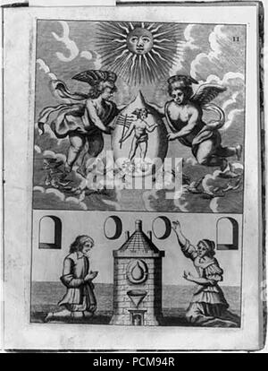 Scène alchimique montrant deux putti holding pierre philosophale contenant de l'image d'Hermès, ci-dessous qui sont un homme et une femme à genoux devant four où la transmutation n'est d'avoir lieu Banque D'Images