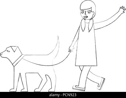 Dessin Enfant Balade Fille Avec Chien Vue Den Haut Les