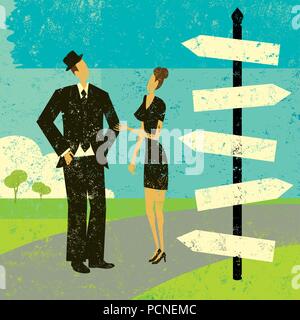 Le choix d'une destination A man and woman looking at a blank sign post et se demandent quelle voie emprunter. Illustration de Vecteur