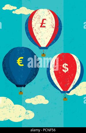 Les fluctuations des taux de montgolfières avec symboles de devises représentant la fluctuation constante des différentes valeurs monétaires. L'air chaud ballo Illustration de Vecteur