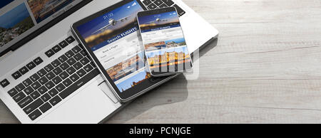 Réservation en ligne des vols et de la réservation. Smartphone et tablette sur un clavier d'ordinateur, vous pouvez les vols sur les écrans, fond de bois, copie de l'espace. 3d Banque D'Images