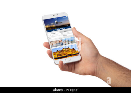 Réservation en ligne des vols et de la réservation. Hand holding a mobile phone, isolé sur fond blanc, rechercher les vols sur l'écran Banque D'Images