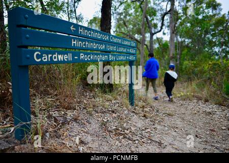 Mère de promenade avec les enfants à travers une forêt, Cardwell, Queensland, Australie Banque D'Images