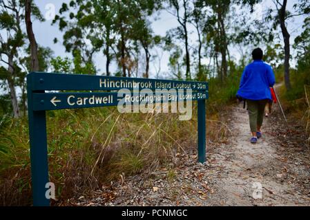 Mère de promenade avec les enfants à travers une forêt, Cardwell, Queensland, Australie Banque D'Images