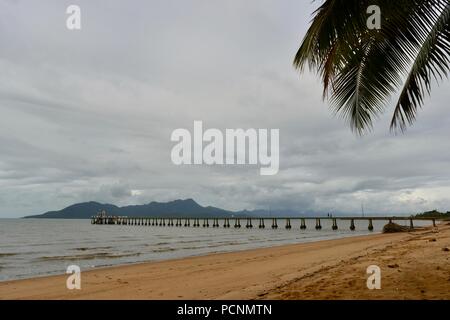 Le Hinchinbrook Island jetée Cardwell une plage et une noix de coco palm tree, Cardwell, Queensland, Australie Banque D'Images