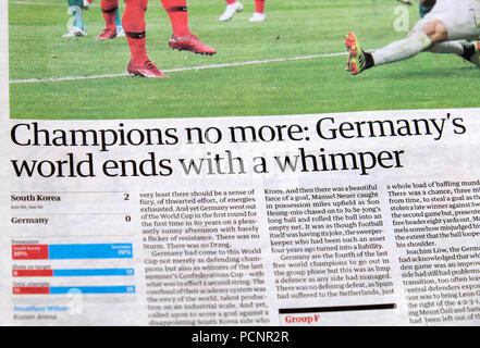 « Champions no More: Le monde de l'Allemagne se termine avec un coup de fouet » le journal Guardian titre de la coupe du monde article 27 juin 2018 Londres Royaume-Uni Europe Banque D'Images