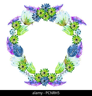 Aquarelle et encre illustration de guirlande. Fleur multicolore garland en bleu, vert, turquoise, rose de nuances. La couronne de mariage. Boho, thème romantique Banque D'Images