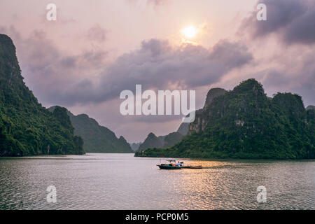 Les îles rocheuses de la Baie d'Halong en été soleil du soir Banque D'Images