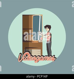 Retro design jeux vidéo avec l'homme de jouer en arcade sur fond bleu, design coloré. vector illustration Illustration de Vecteur