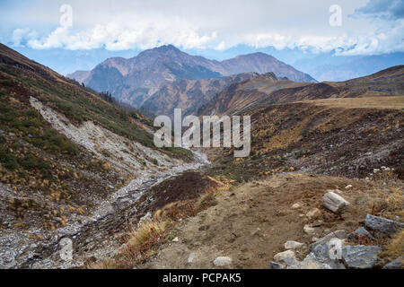 À la recherche d'un petit ruisseau de Kuari Pass vers les pentes de la montagne. Province Uttarakhand en Inde du Nord. Banque D'Images