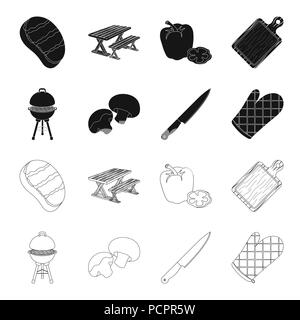 Barbecue grill, champignons, couteau, barbecue set barbecue.mitten collection icônes de style du contour noir, symbole vecteur illustration stock, Illustration de Vecteur