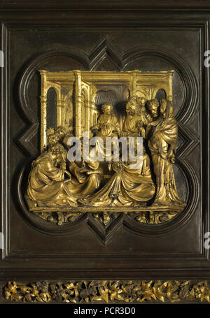 Le Christ parmi les médecins. Panneau en bronze doré du nord portes conçues par le sculpteur italien Lorenzo Ghiberti du début de la Renaissance pour le baptistère de Florence (Battistero di San Giovanni), maintenant exposée dans le Museo dell'Opera del Duomo (Musée de l'Œuvre de la cathédrale de Florence) à Florence, Toscane, Italie. Banque D'Images