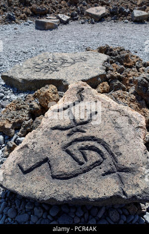 Des pétroglyphes, Waikoloa Petroglyph Champ, Big Island, Hawaii, USA. Banque D'Images