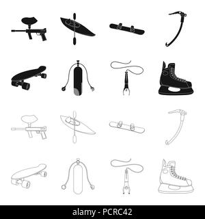 Skateboard, réservoir d'oxygène pour la plongée sous-marine, saut à ski, patin de hockey.sport extrême set collection icônes de style du contour noir, symbole vecteur illustration de stock . Illustration de Vecteur
