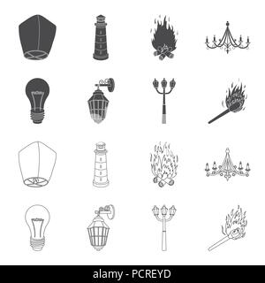 La lumière LED, lampadaire, source de lumière correspondent.collection set icônes de style du contour noir, symbole vecteur illustration de stock . Illustration de Vecteur