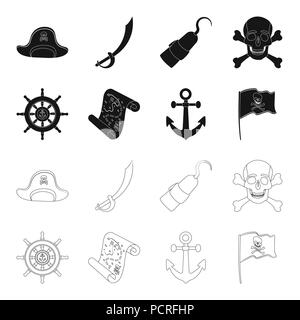 Pirate, bandit, gouvernail, drapeau Pirates set icônes .collection en noir,style Contour Symbole vecteur illustration de stock . Illustration de Vecteur