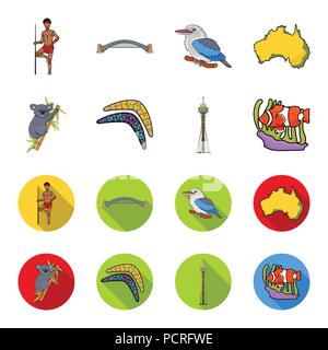 Koala sur le bambou, le boomerang, la tour de Sydney, le poisson clown et l'ammonium.Australie collection set icônes de style cartoon,télévision stock symbol vector illustratio Illustration de Vecteur