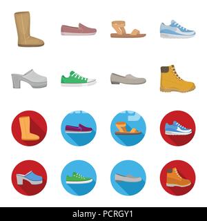 Les tongs, sabots sur une plate-forme haute et talon, sneakers vert avec lacets, femelle gris ballerines, chaussures rouges sur le tracteur seul. Set chaussures collectio Illustration de Vecteur