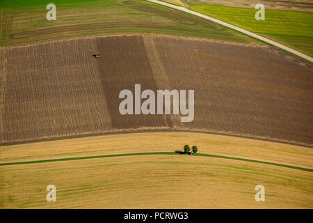 Vue aérienne, de l'agriculture, de l'agriculture, de champs et de prairies et forêts dans les contreforts des Alpes près de Linz, Rödham, Haute Autriche, Autriche Banque D'Images